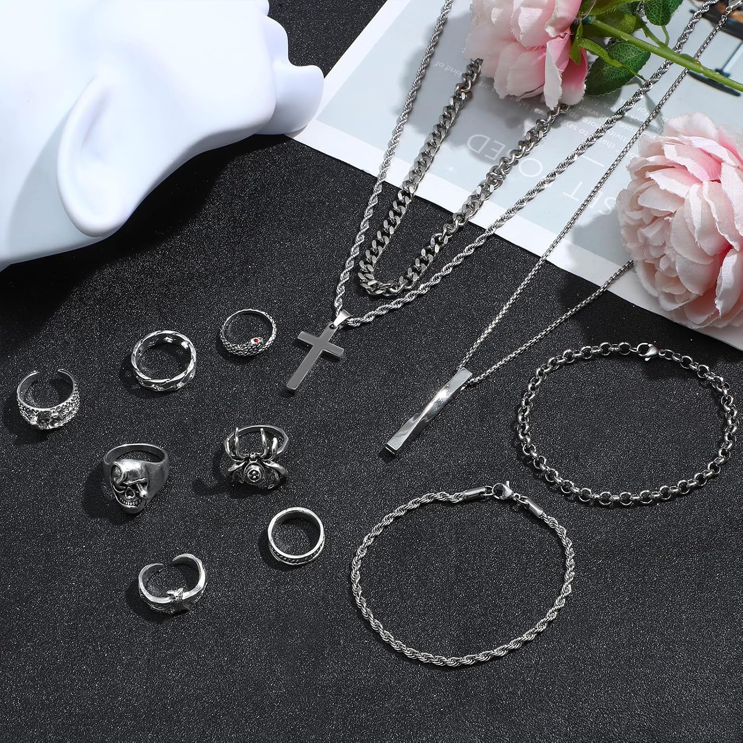 NEWITIN 15 Pieces Silver Jewelry Set for Men Stainless Steel Cuban Lin
