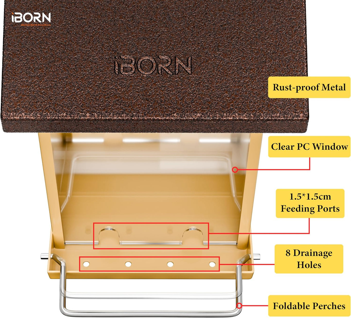 iBorn Bird Feeders for Outdoors,Bird Feeder with Weatherproof Metal Roof & 8 Drain Holes,Fully Detachable Birdfeeder Design,Easy to Refill & Clean,Chew-Proof PC Windows,3.2 Lbs Capacity,Coffee Roof