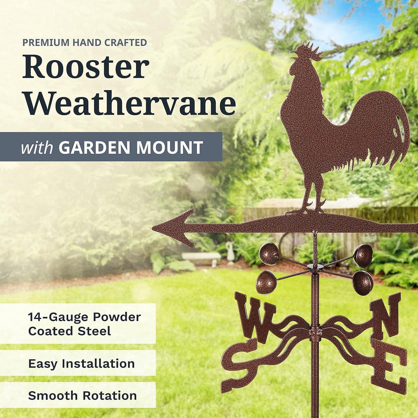 EZ Vane Steel Rooster Weathervane 80” Height, Includes Metal Garden Mount, Wind Cups & Brackets | Hand-Crafted and Family-Owned, Made in The USA with Triple Powder Coating, Limited