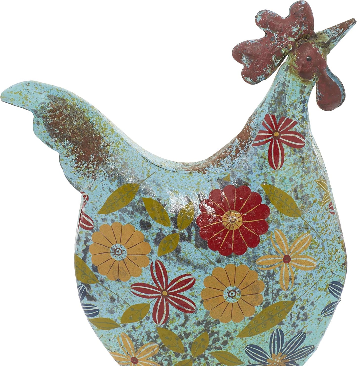 Deco 79 Metal Rooster Decorative Garden Sculpture Indoor Outdoor Distressed Standing Garden Statue with U Shaped Feet, Outdoor Sculpture 10" x 5" x 17", Green