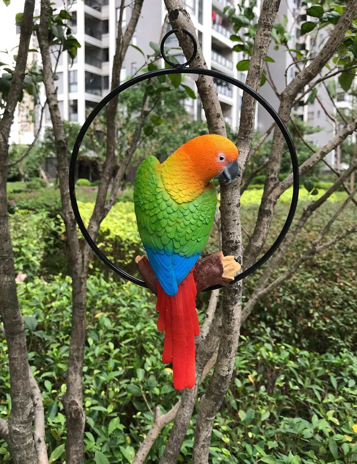 Ruerlity Hanging Parrot Statue Sculpture On Ring Lawn Ideal Decor for Patio Home and Garden