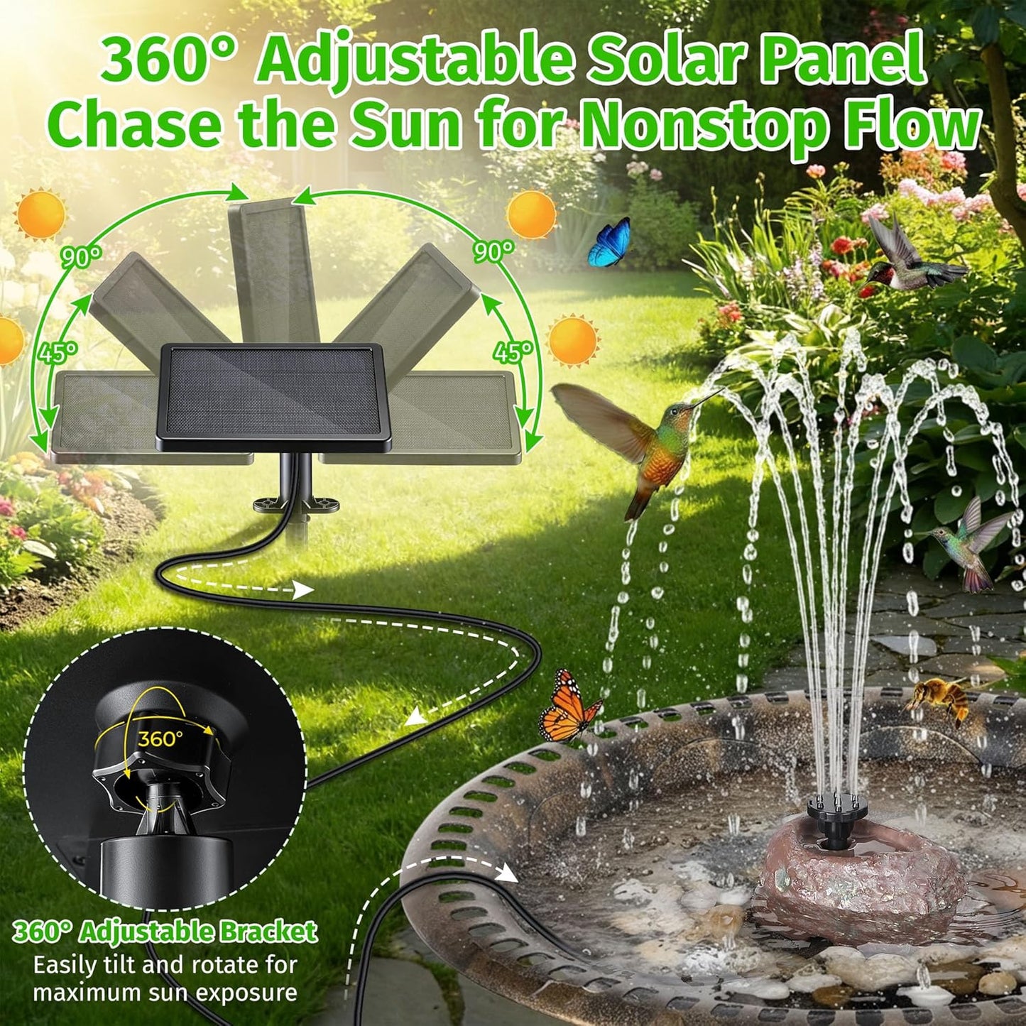 Saillong Solar Fountain for Bird Bath with Granite Rock, Solar Water Pump with 6 Nozzles, Bird Bath Water Fountains with Dry Run Protection, Fountain Pump for BirdBath, Garden, Pond