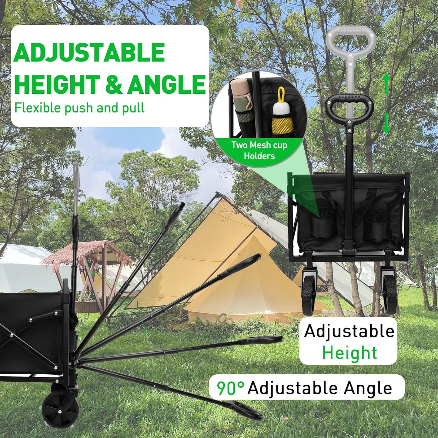 Collapsible Foldable Camping Cart, 200lbs Foldable Wagon Cart with Wheels, 150L Shopping Cart for Groceries Folding Utility Wagon for Beach, Garden, Camping, Sport, Black
