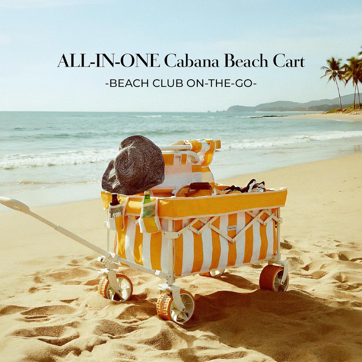 Beach Wagon for Sand with 6.7" Fat Tires, Foldable Beach Cart for Beach & Camping, Large Capacity Easy-Pull Wagon, Cala Serena Ochre Stripe