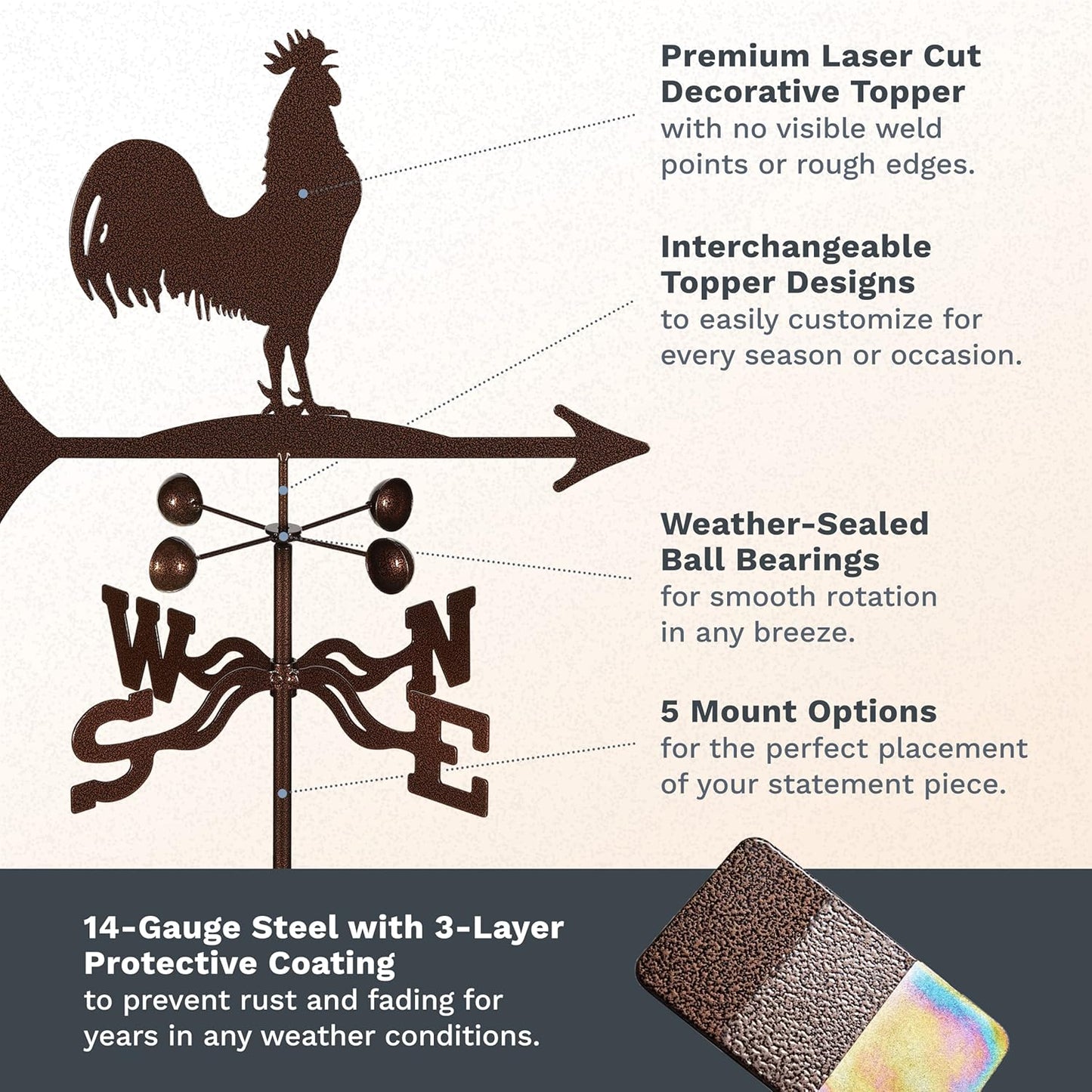 EZ Vane Steel Rooster Weathervane 80” Height, Includes Metal Garden Mount, Wind Cups & Brackets | Hand-Crafted and Family-Owned, Made in The USA with Triple Powder Coating, Limited