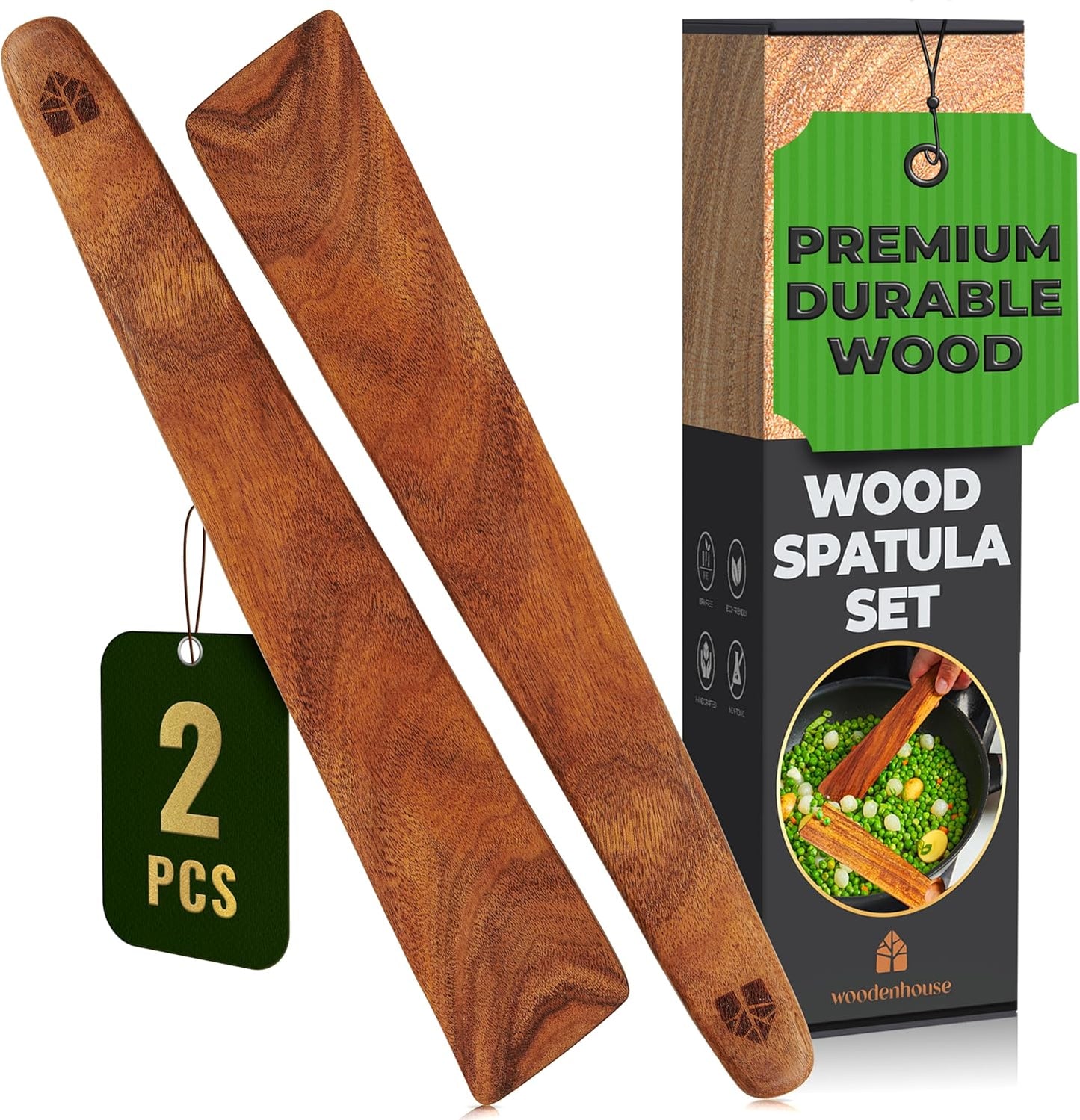 Wooden Spatula for Cooking Set of 2 – 12 Inch Teak Spatula Turner & Flipper for Cast Iron, Flat Egg & Pancake Scraper – Utensils by Woodenhouse