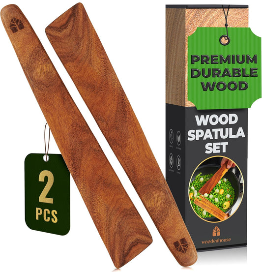 Wooden Spatula for Cooking Set of 2 – 12 Inch Teak Spatula Turner & Flipper for Cast Iron, Flat Egg & Pancake Scraper – Utensils by Woodenhouse