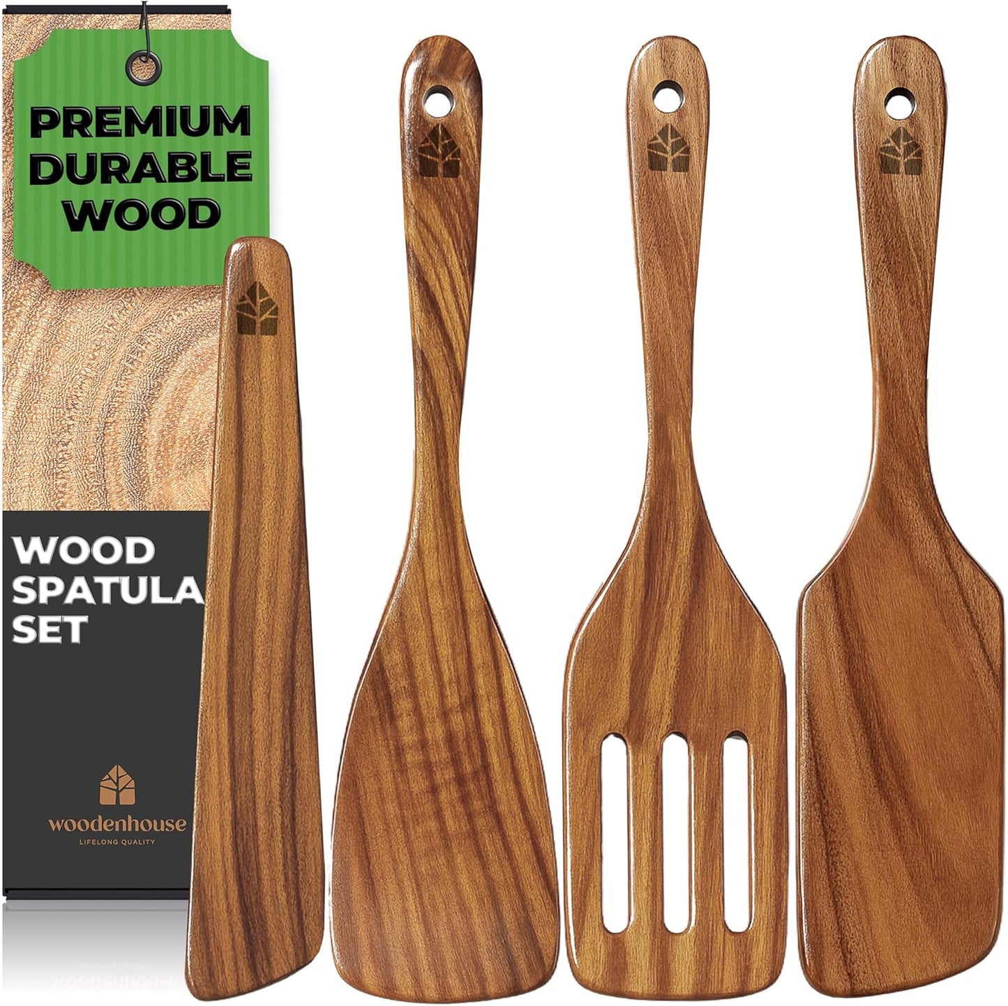 Woodenhouse Wooden Spatula for Cooking, Teak Spatulas for Kitchen Use - Wooden Cooking Utensils Set of 4 including Paddle, Turner, Slotted Spurtle and Wood Scraper. Nonstick cookware
