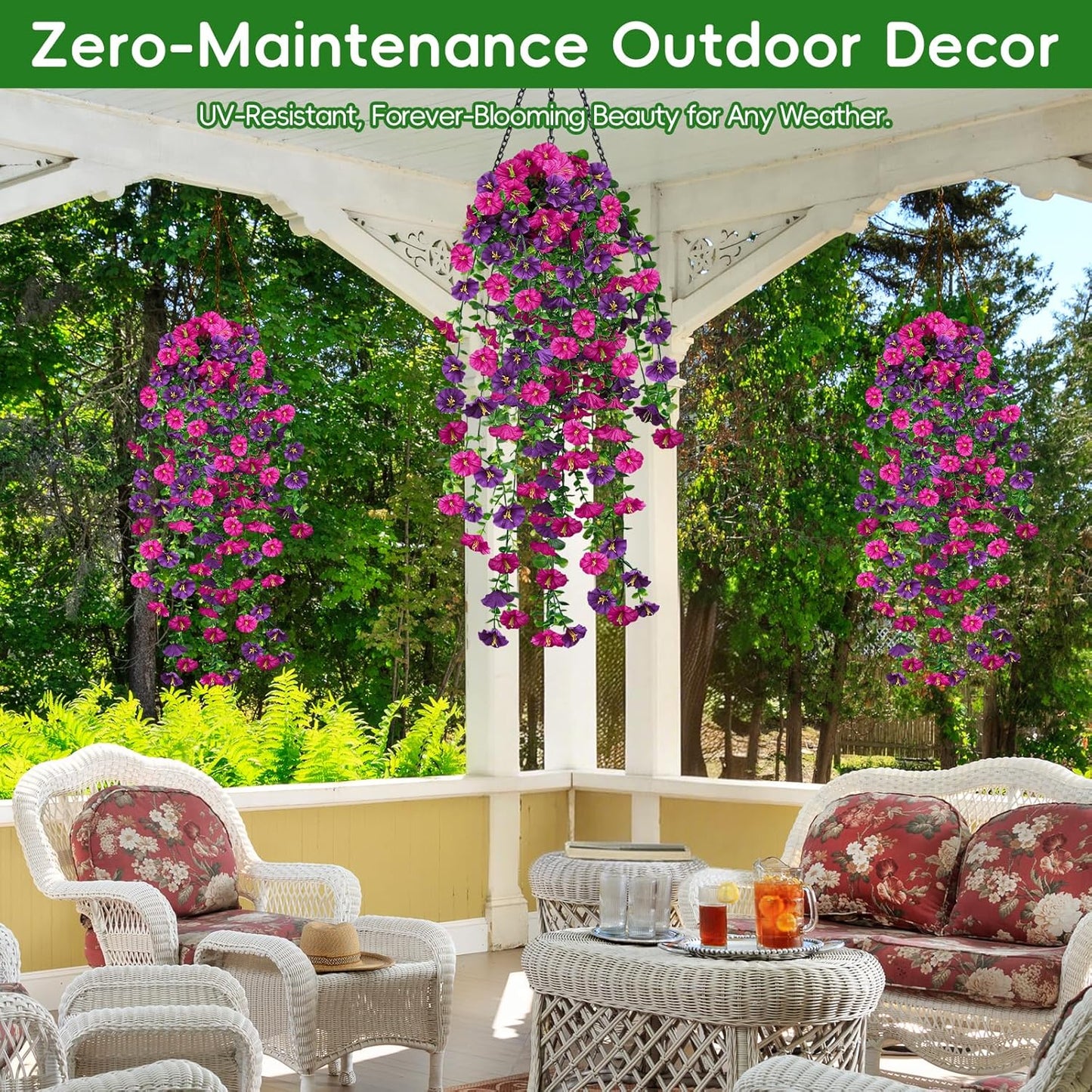 Artificial Hanging Flowers for Outdoor, 4Pcs UV Resistant Faux Morning Glory Flower Spring Summer Decroation, No Fade Fake Flower Trailing Vine for Porch Patio Balcony Yard Garden, Purple+Light Purple