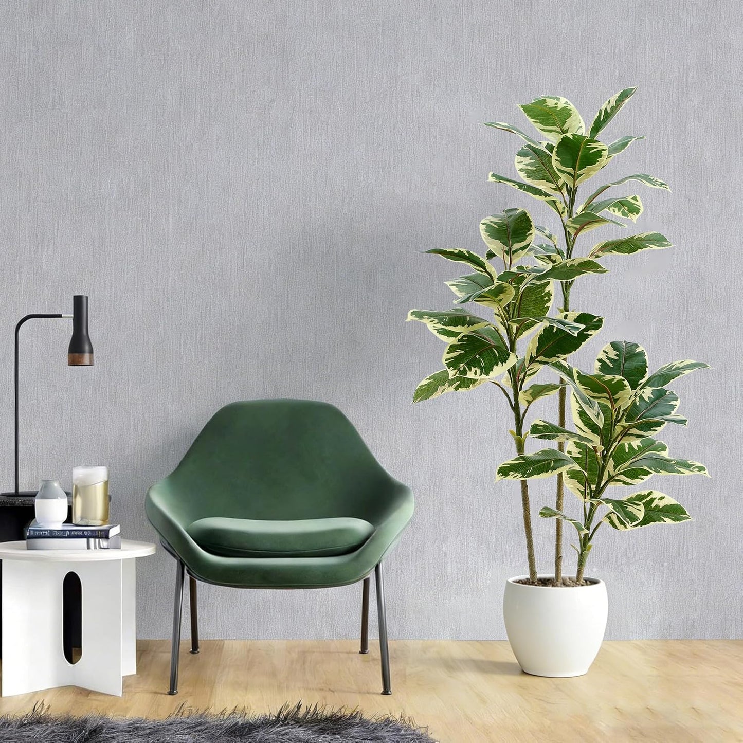 Artificial Rubber Plant, 5FT Faux Plants Indoor Fake Rubber Tree with White Planter, Tall Fake Plants Potted Tree Floor Plant in Pot, Artificial Trees for Home Office Room Outdoor Decor