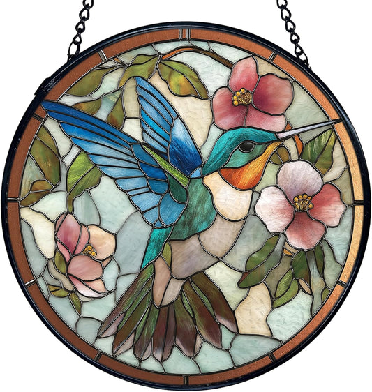 TNUW Hummingbird Flower Stained Glass Window Hanging, Cottagecore Blue Hummingbird Sun Catchers Indoor Window Glass Round Wall Art Decor, Bird Floral Wall Hanging Decorations, 7.9＂x7.9＂