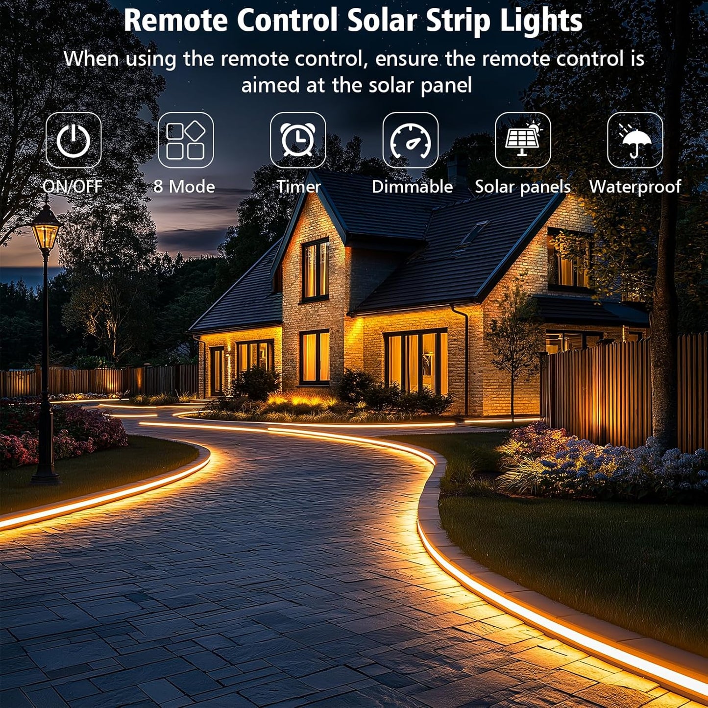 Solar Strip Lights Outdoor, 33Ft 640 LED Waterproof Strip Lights with Remote Timer Dimmable Outside Strip Light for Garden Yard Party Decor (No Adhesive)