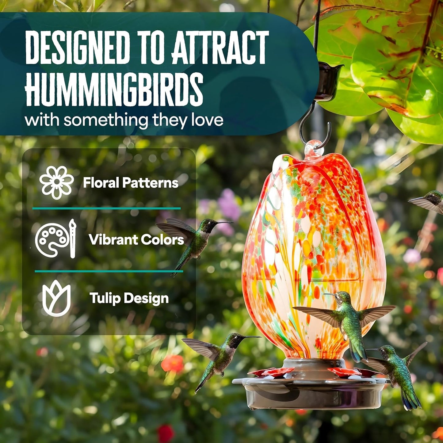 Tulip Shaped Glass Hummingbird Feeders for Outdoors - 36 Oz Hummingbir