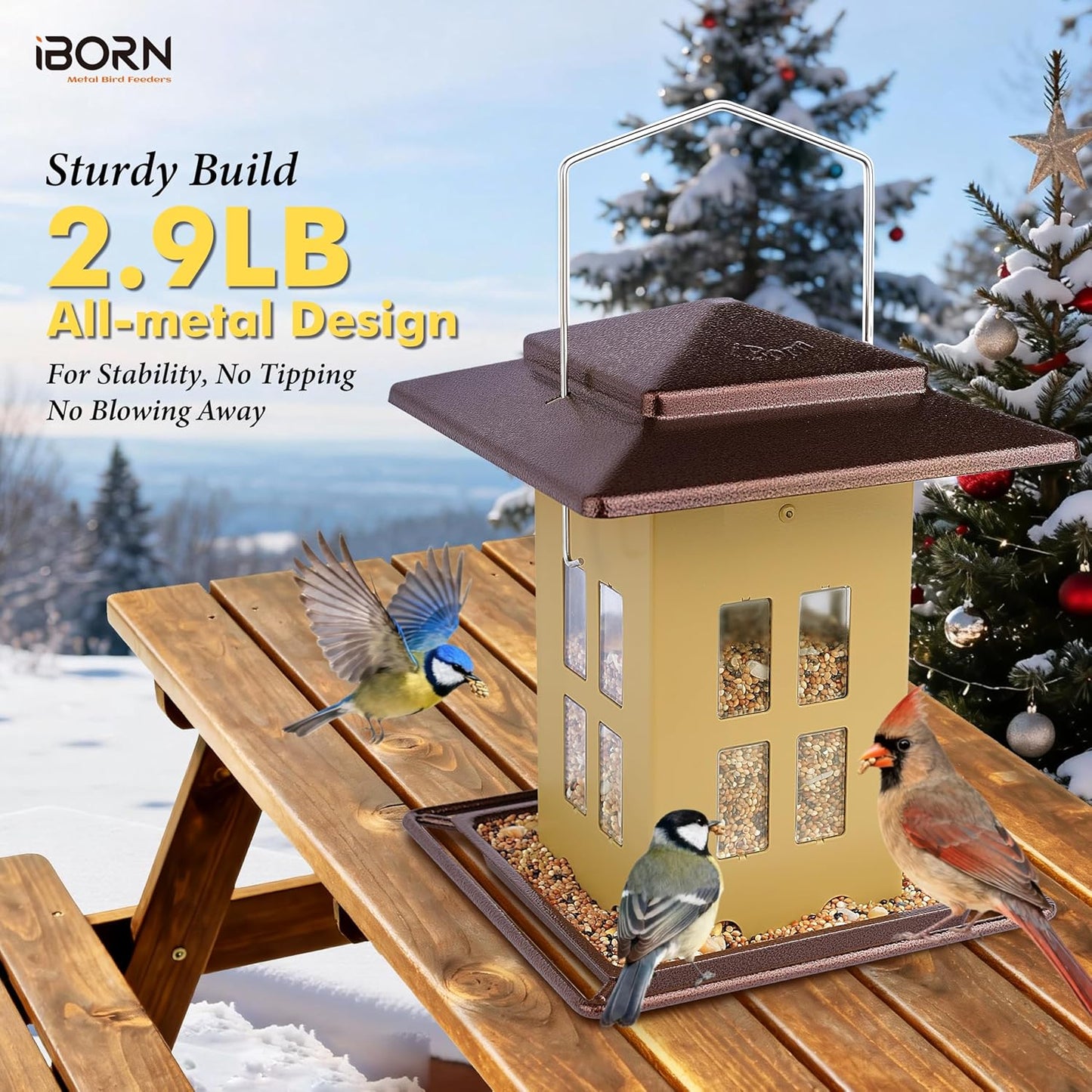 iBorn Bird Feeder for Outdoor Hanging,Metal Bird Feeder Hanging Outside for Cardinal, Double-Sided Hanger Wild Birdfeeder All Metal Constructions, Holds 2.6LB Seed, Muted Yellow,8 Ports