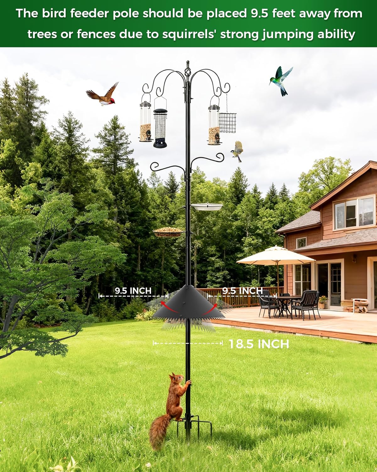 Bird Feeding Station, 94 Inch Wild Bird Feeders Pole with Wide Squirrel Baffle, 6-Hook, 4 Feeders, Water and Mesh Tray Humming Bird Feeders Stand for Outdoors Courtyards Gardens