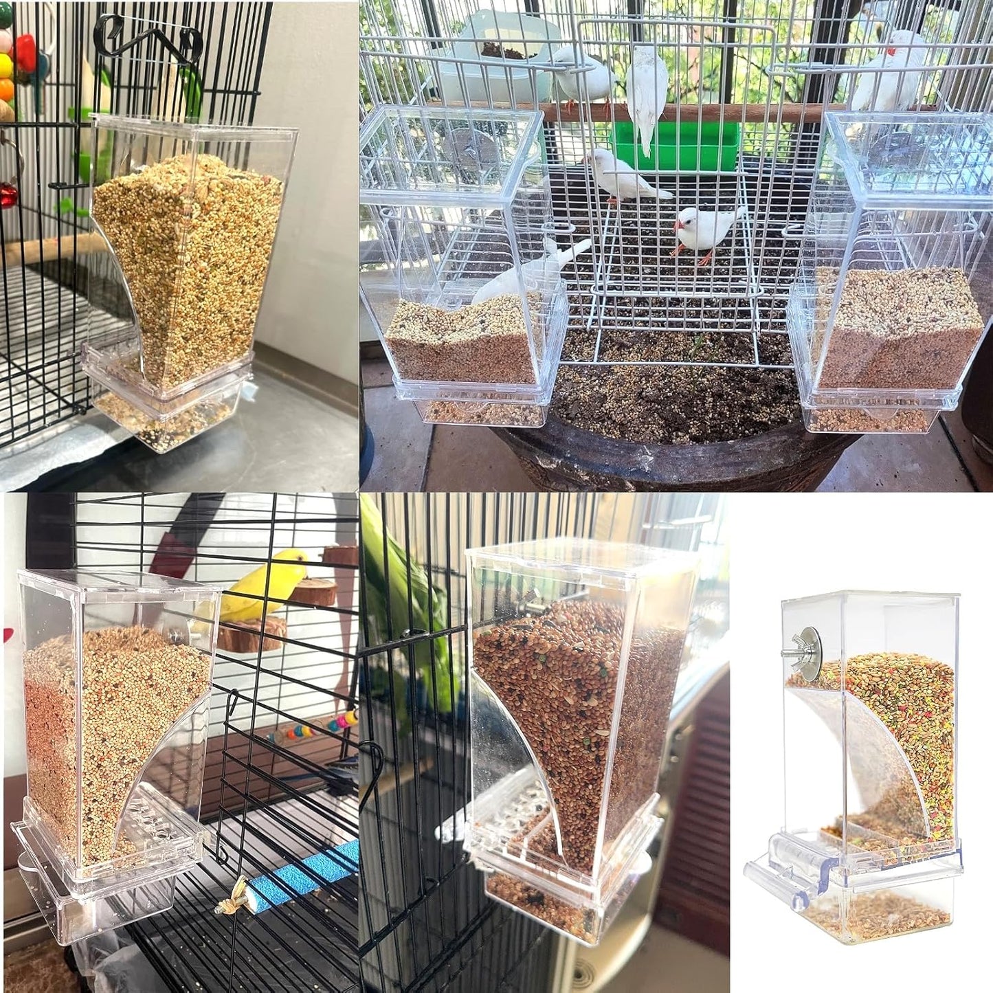 Automatic Bird Feeder for Cage No Mess Parakeet Feeder Seed Food Container Feeding Station Cage Accessories for Small Birds Parrot Canary Lovebirds(Transparent)