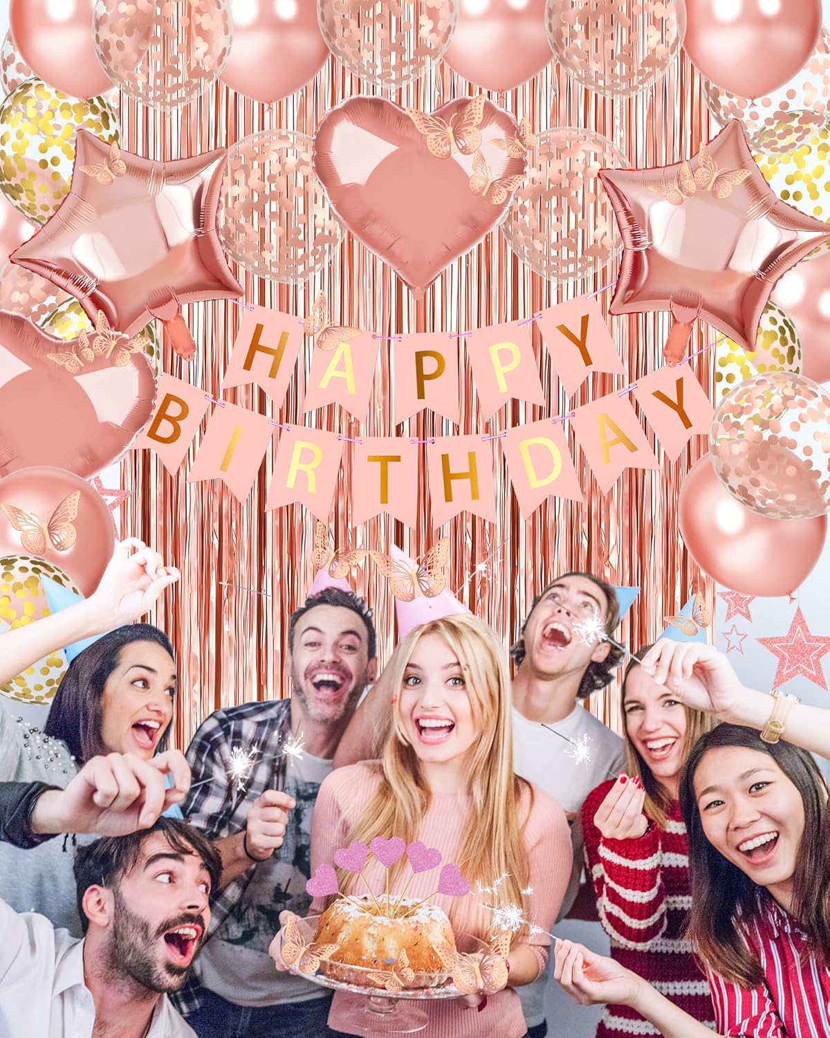 Rose Gold Happy Birthday Party Decorations, Happy Birthday Banner, Rose Gold Foil Heart Star Confetti Balloons Curtain Backdrop Hanging Swirls Party Decor for Girls Women Princess