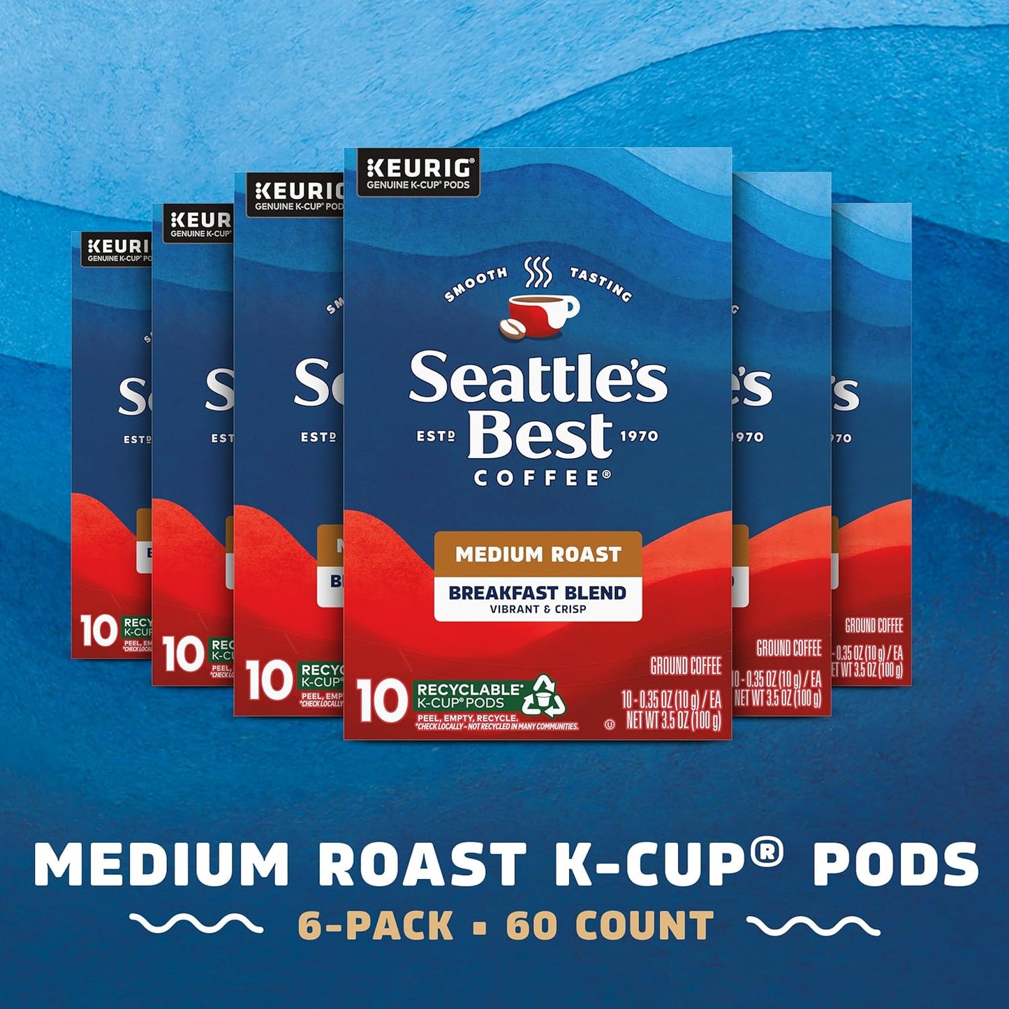 Seattle’s Best Coffee, Medium Roast K-Cup Coffee Pods, Breakfast Blend, 100% Arabica, 6 Boxes (60 Pods Total)