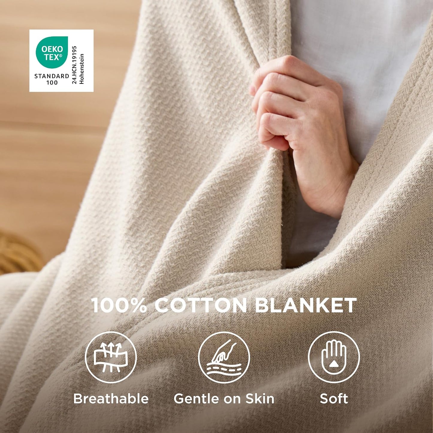 Bedsure GentleSoft 100% Cotton Blanket Queen Size for Bed - Breathable and Lightweight, Soft Cozy Textured Herringbone Woven Blanket for Summer Spring, Linen Beige, 90x90 inches