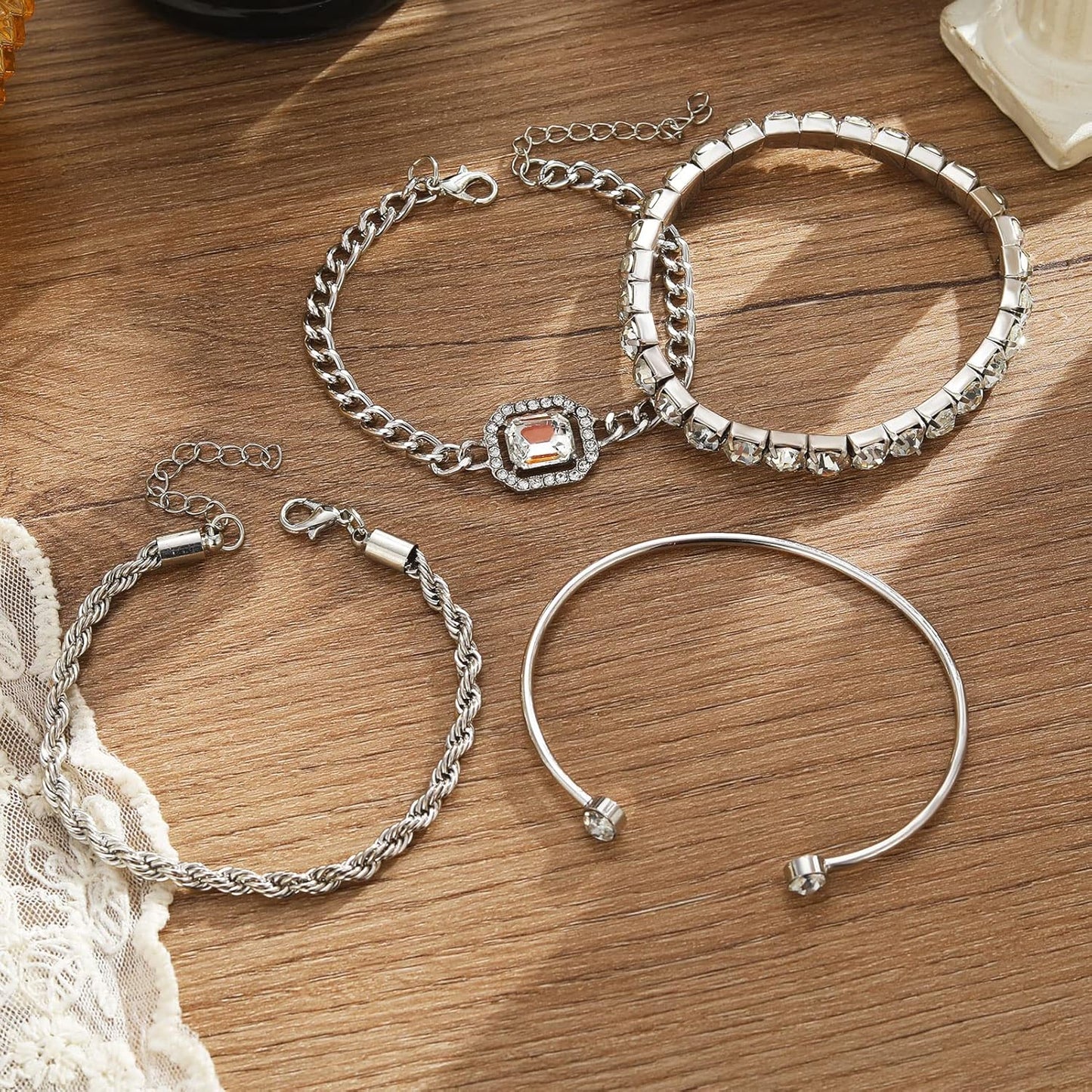 4 Pcs Dainty Gold Silver Bracelets Set for Women 14K Plated Link Cubic