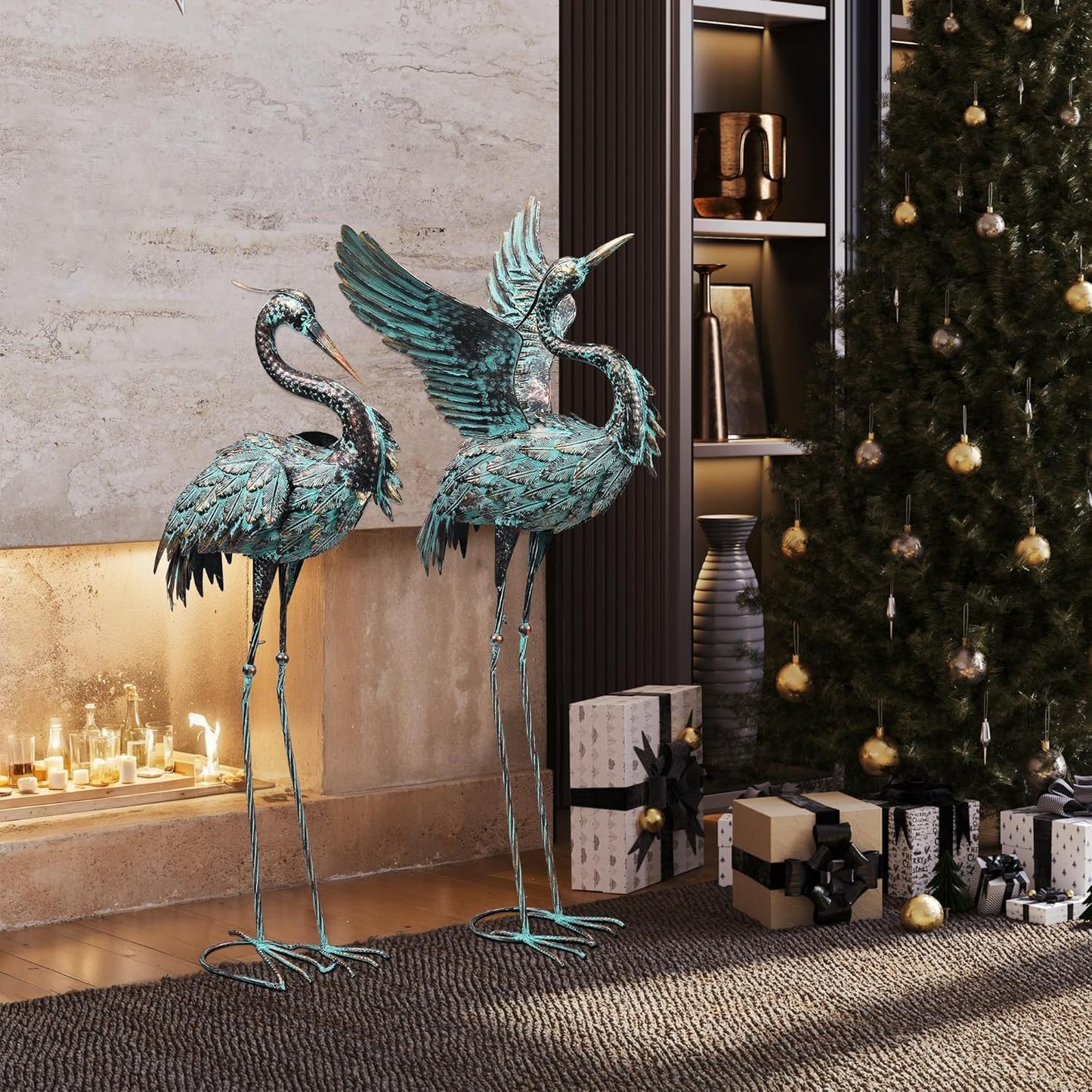 Garden Statues Large Metal Crane Sculptures, Outdoor Heron Metal Statue Yard Art for Garden Decor, Realistic Bird Art for Outdoor Decor, Standing Lifelike, Water&Rust-Proof, Set of 2 Bronze