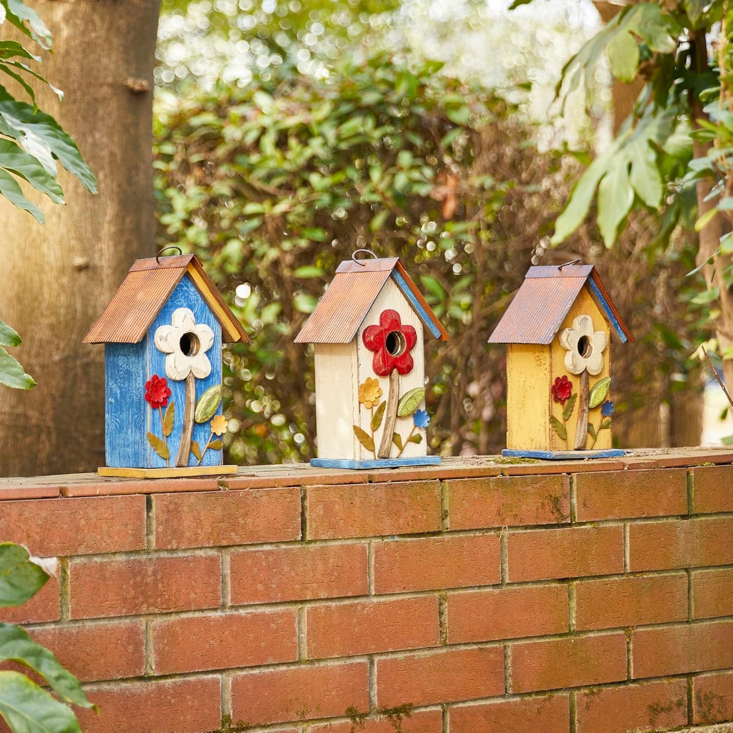 10.25''H Hanging Birdhouse Washed Yellow Distressed Solid Wood Cottage