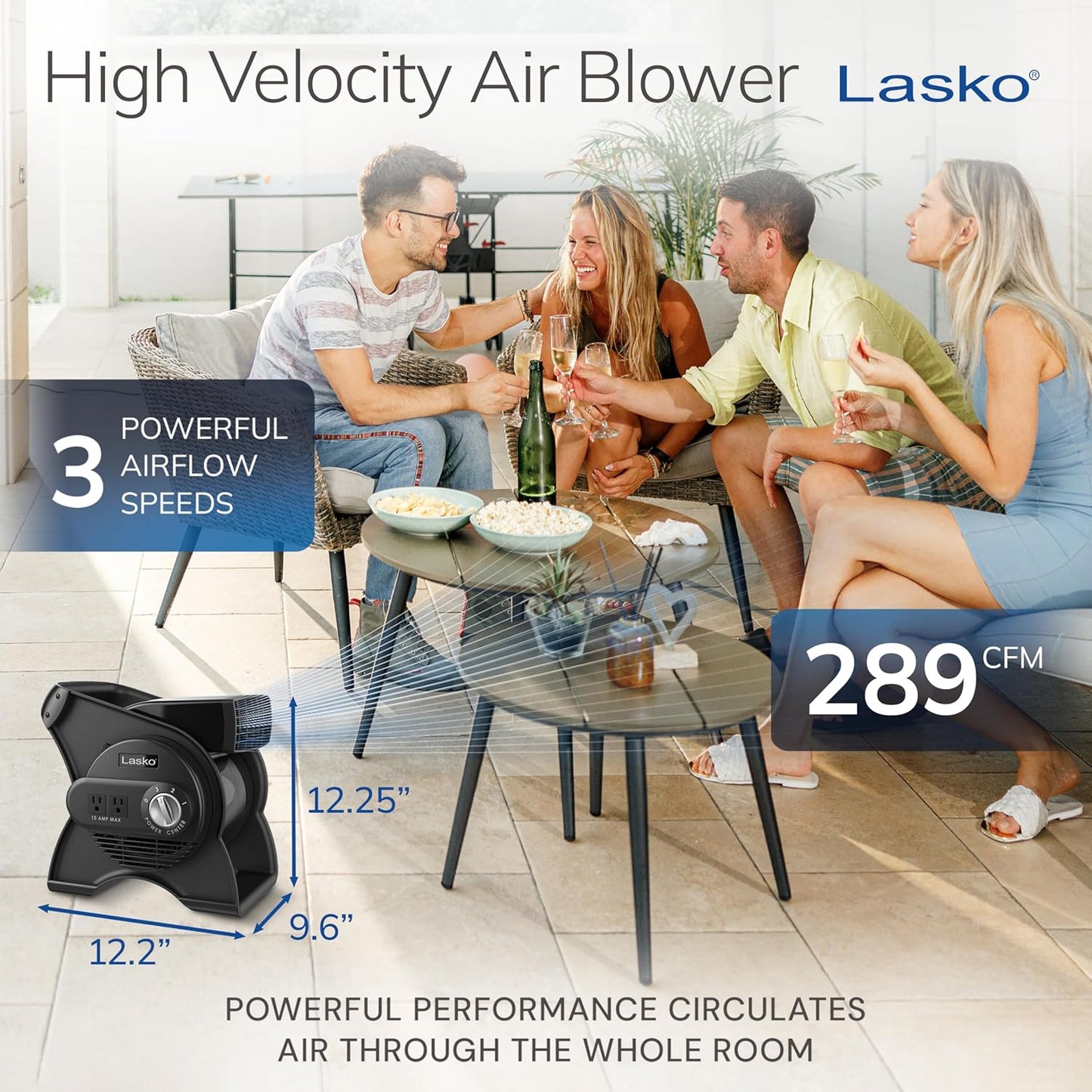Lasko Portable Utility Fan, 12” 289 CFM Pivoting High Velocity Air Mover Blower Fan, 3 Speeds, 2 Accessory Outlets 120V, Black, U12104