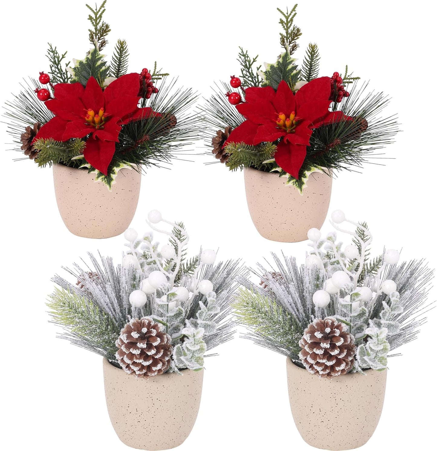 4 Pack 9" H Christmas Tabletop Artificial Fake Christmas Red Poinsetia Flocking Berry Pine for Home Office Desk Fireplace Decorations