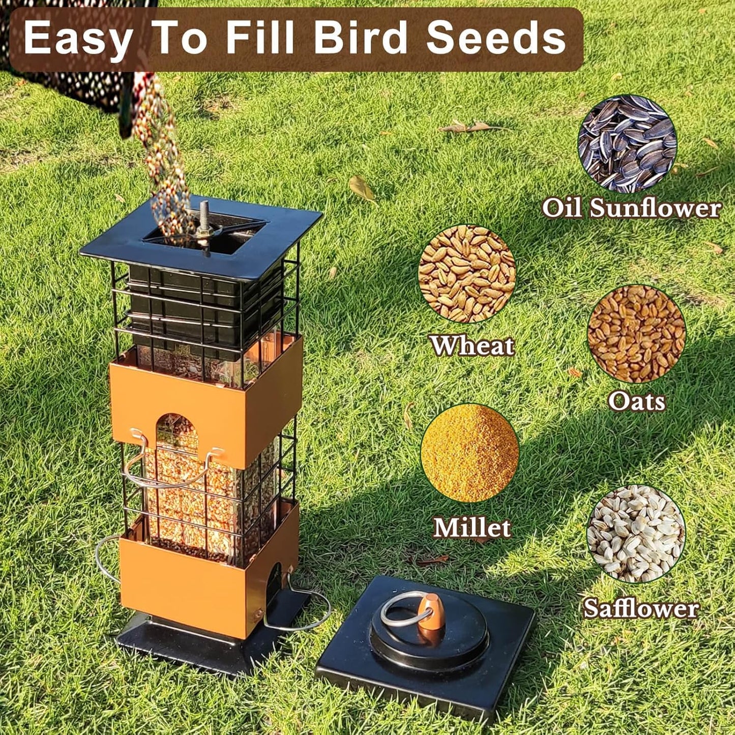 Squirrel Proof Bird Feeder, 3LBS Large Capacity Metal Hanging Bird Feeders for Outdoors, Weight-Activated Perches Wild Birdfeeder for Blue Jay, Cardinal (Brown)
