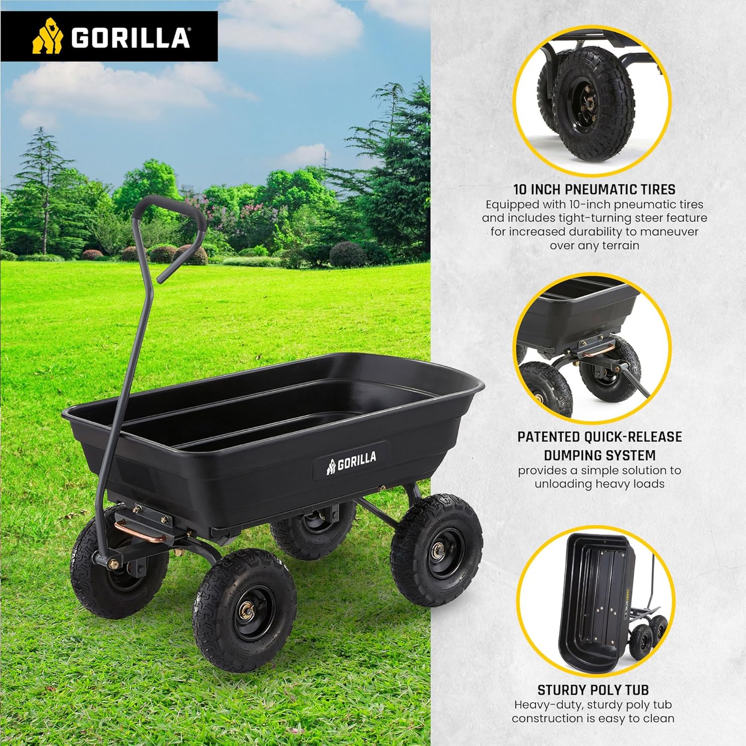 Gorilla Carts Poly Garden Dump Cart, 4 Cu Ft Tub, 600 lb Haul Capacity