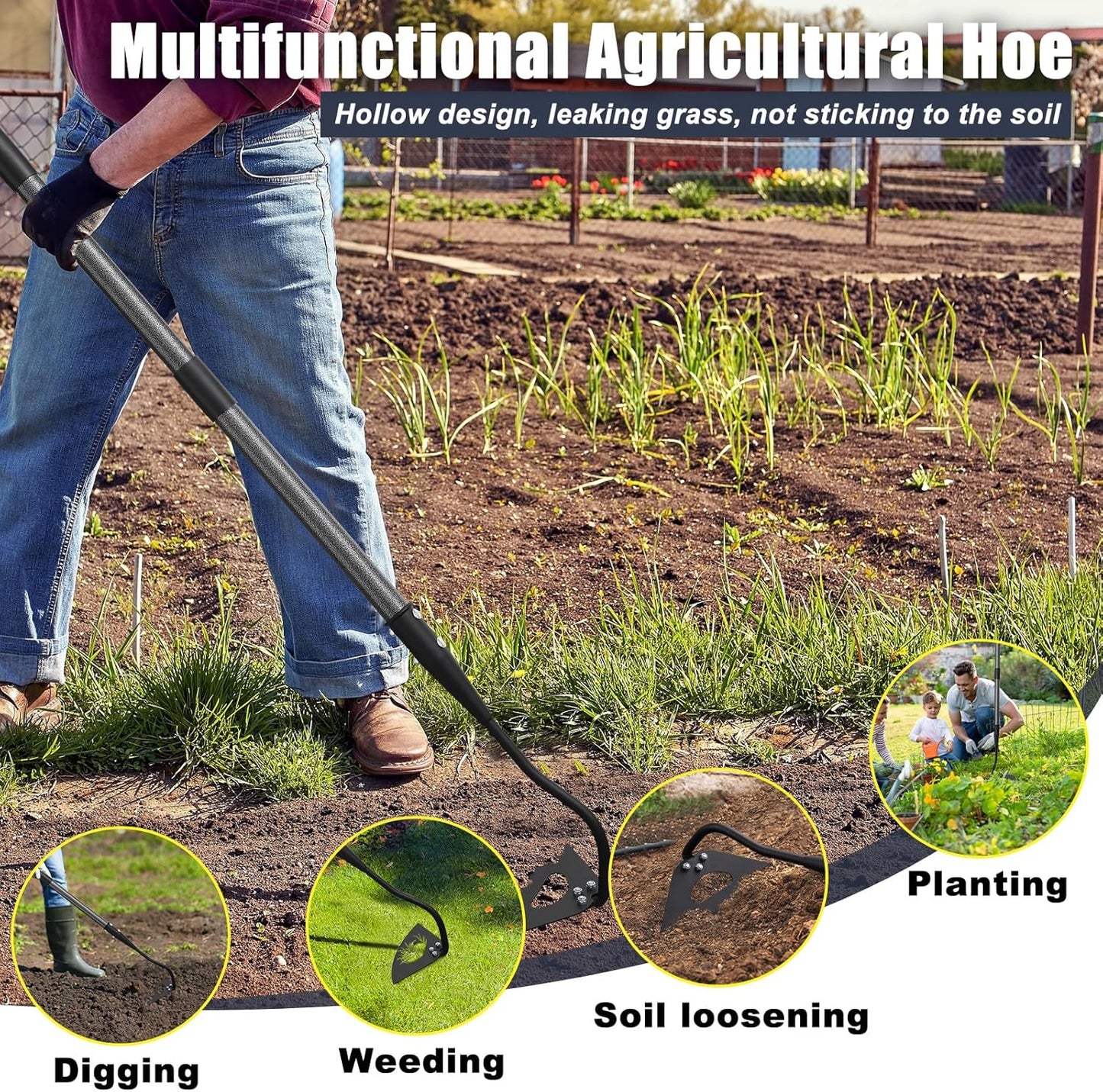 Hoe Garden Tool, Hollow Hoe with 55-85 Inch Long Handle, Adjustable Ma