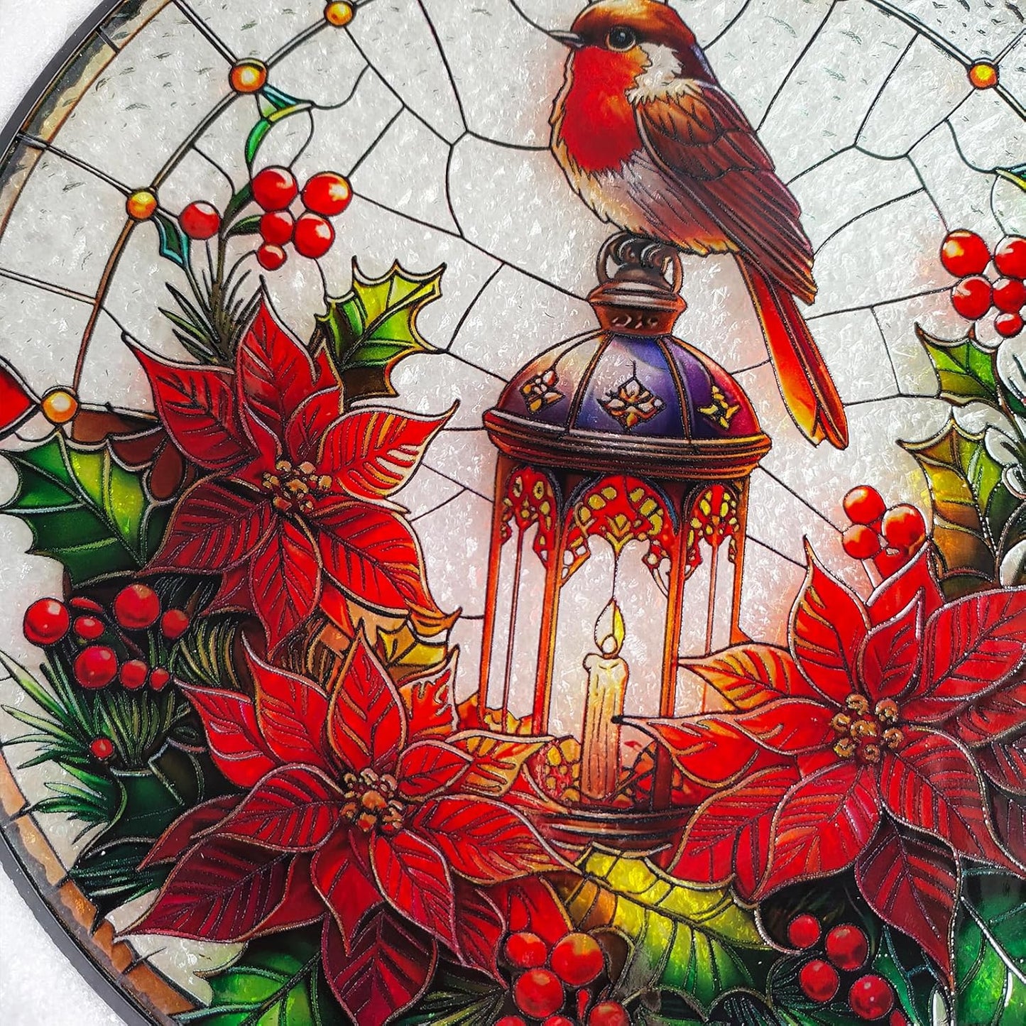 A Robin on lamp Post Stained Glass Window Hanging, Red Bird Memorial Suncatcher,Hummingbird Suncatcher for Women,Cardinal Gifts for Mom Grandma 7.87"
