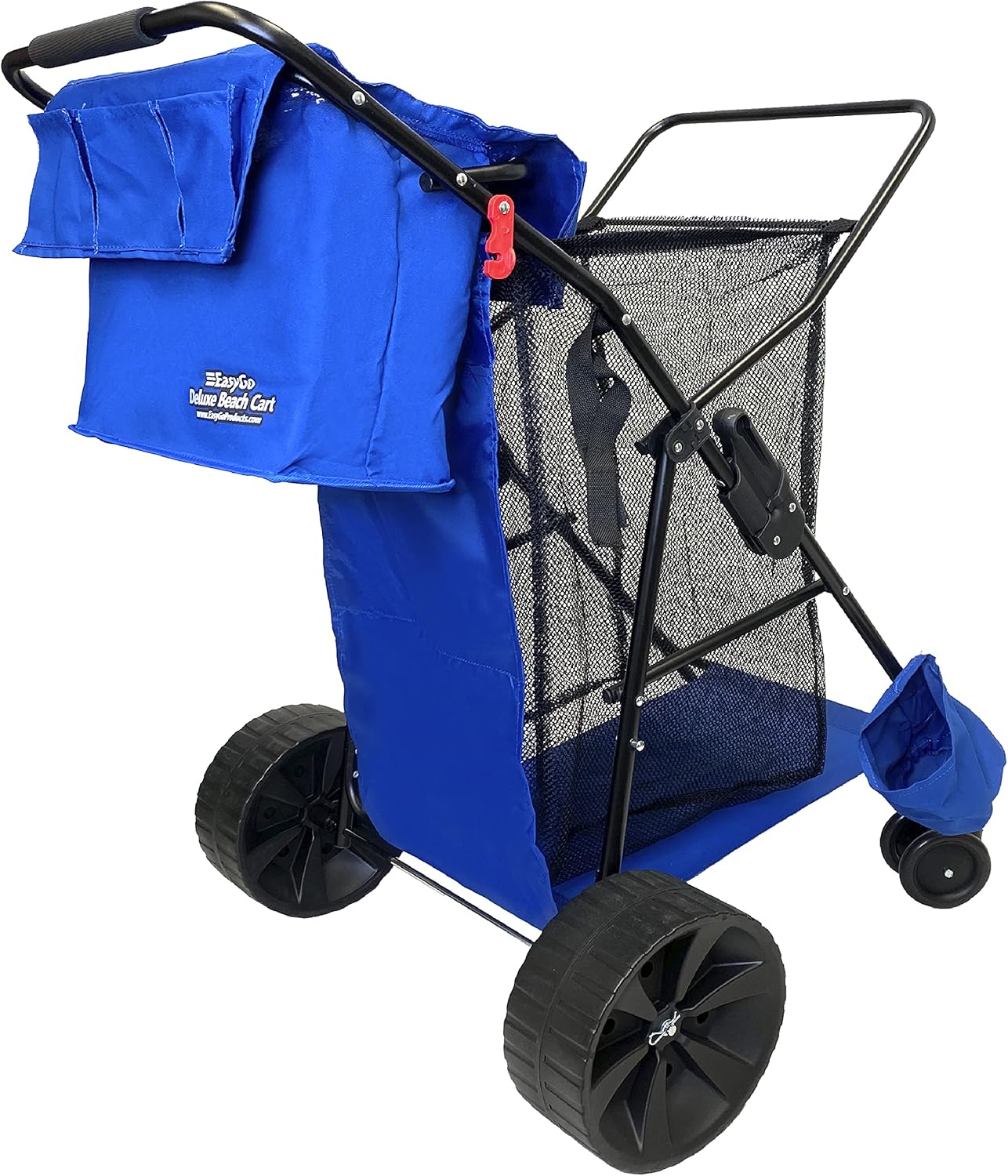 Beach Umbrella Wagon Cart Deluxe – Heavy Duty Folding Ocean Utility Cart – Large Sand Wheels – Holds 4 Beach Chairs – Storage Pouch -Holder –Removable Bag - Solid Blue