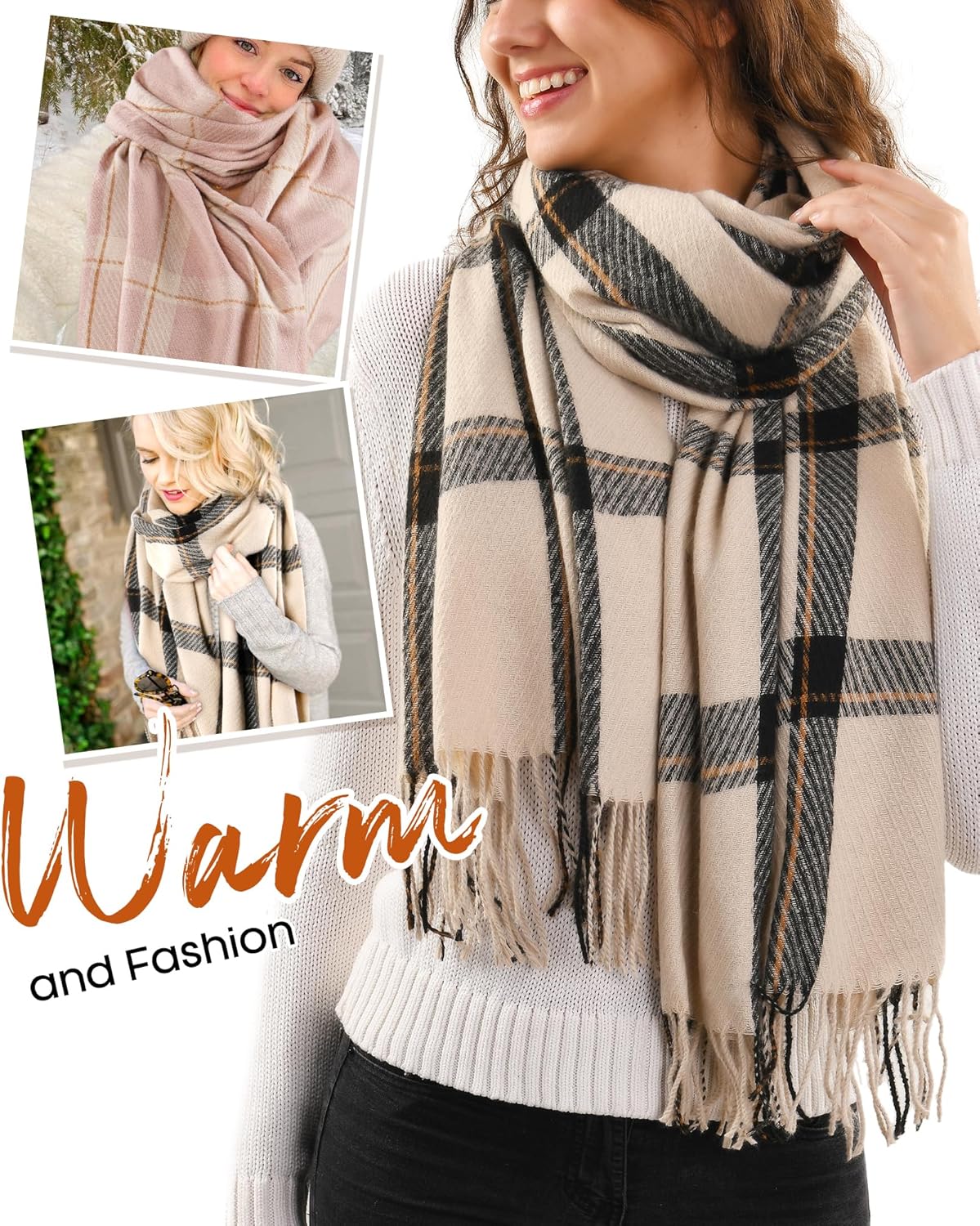 FURTALK Winter Scarf for Women Shawl Soft Tassel Plaid Large Oversized