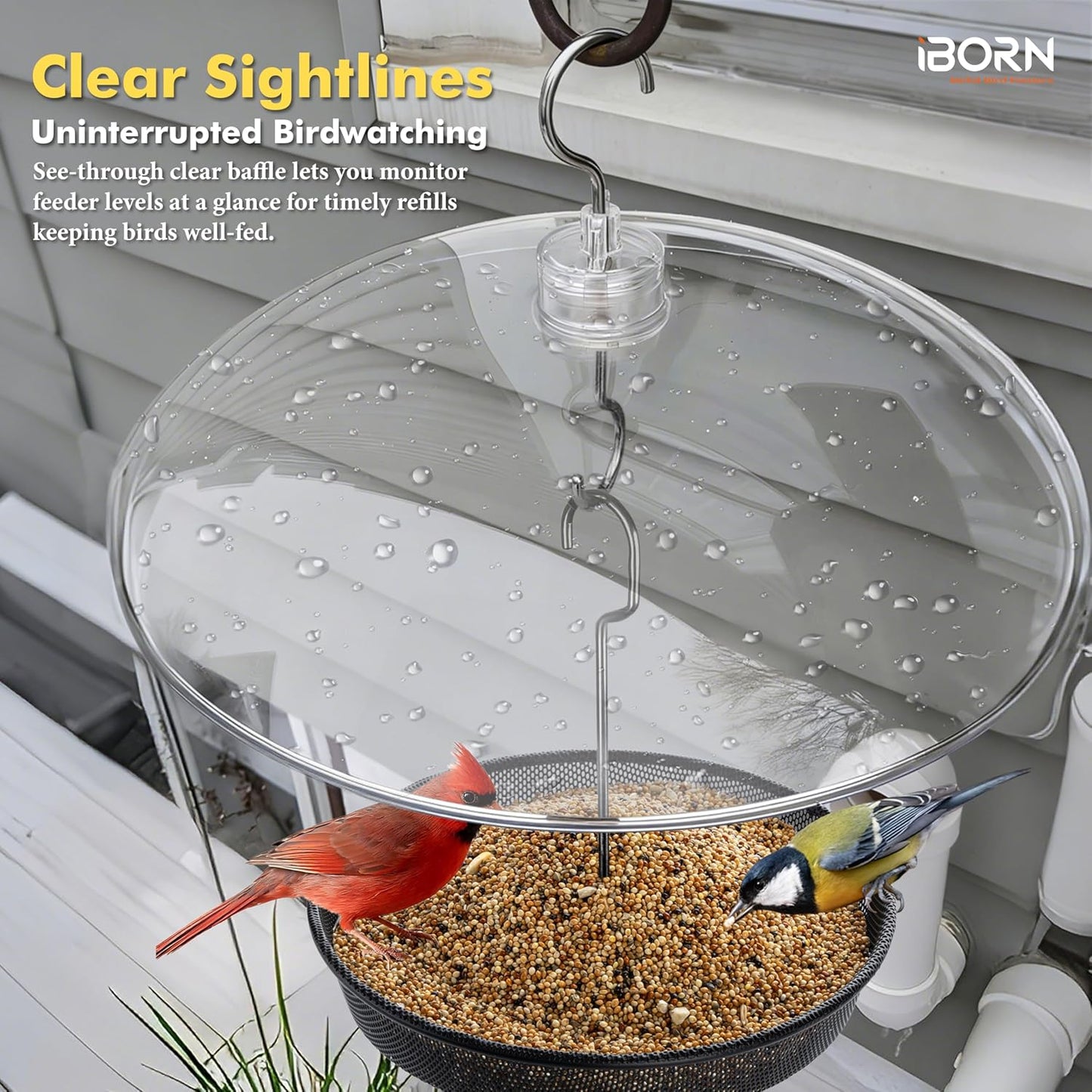 iBorn Hanging Bird Feeder Tray & Rainroof Cover, Bird Feeder Bowl with 13”Bird Feeder Cover for Rain Guard, Chew-Proof Polycarbonate & Thick Metal Hanger, Easy to Refill & Clean, Transparent & Black