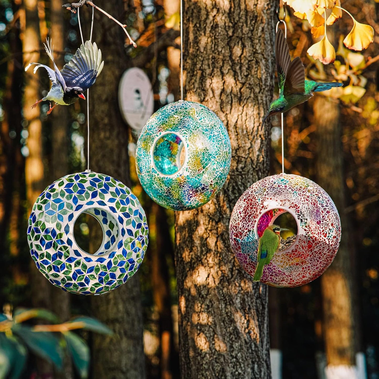 Topadorn Outdoor Bird Feeder - Decorative Mosaic Circle Fly Through Design for Birds