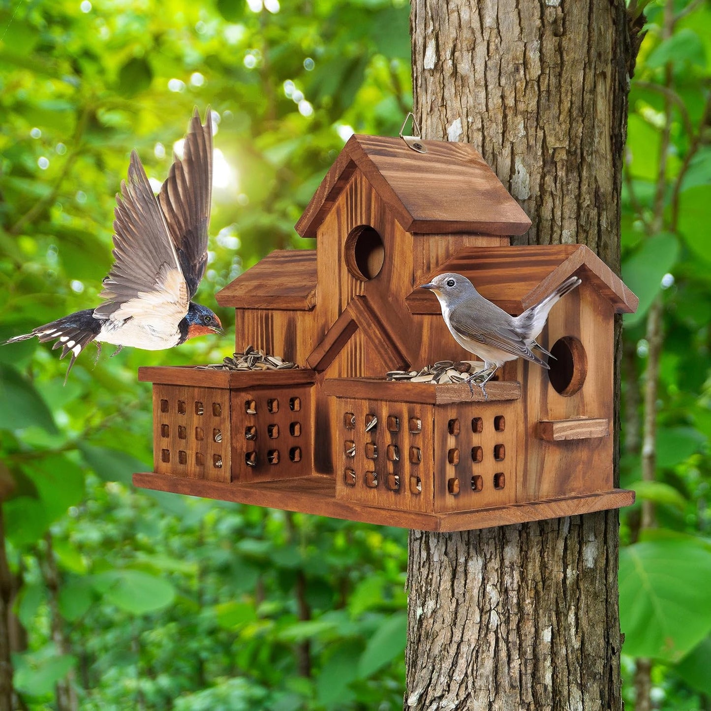 MIXUMON Bird Houses for Outside with Bird Feeder, Outdoor 3 Hole Bird House Room for 3 Bird Families Bluebird Finch Cardinals Hanging Birdhouse for Garden
