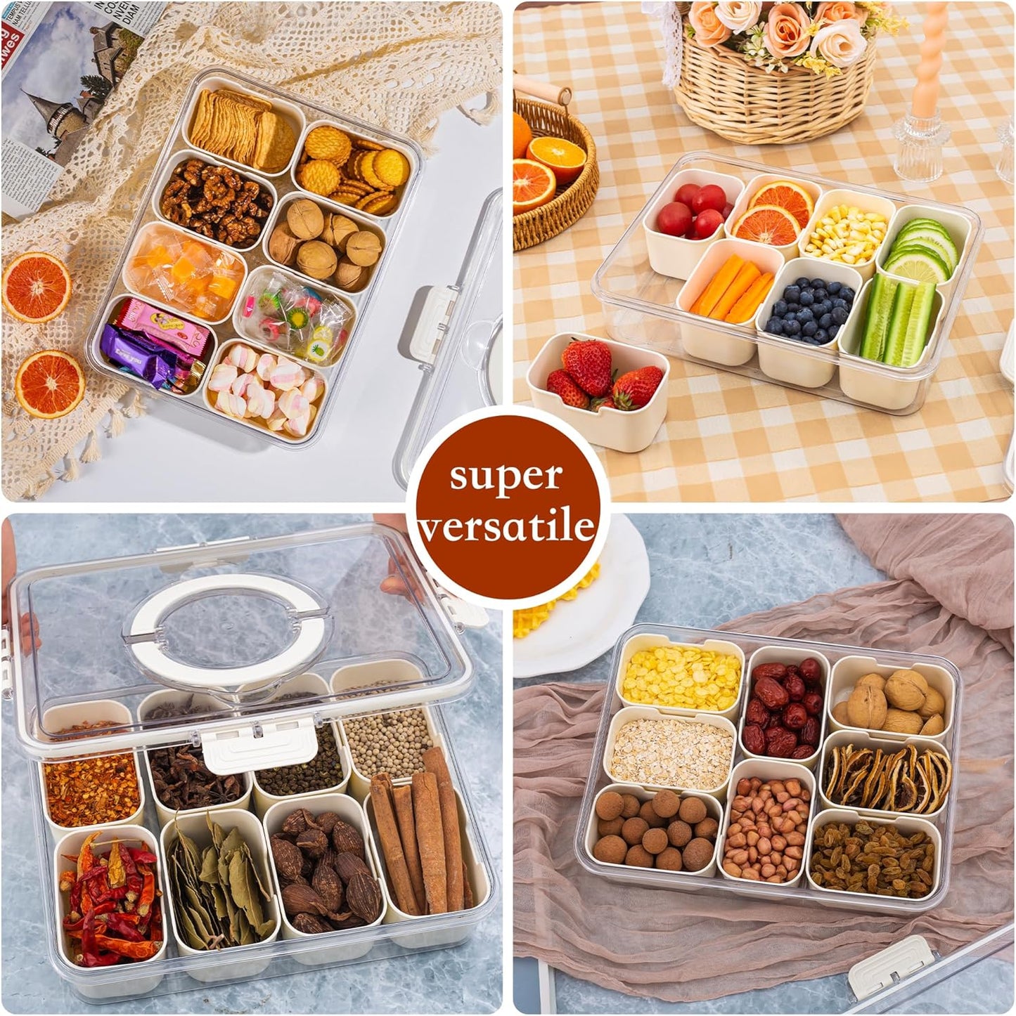 Divided Snack Serving Tray with Lid and Handle travel Snackle Box Charcuterie Container Portable Storage Organizer for Candy, Fruits, Nuts, Snacks 1Pack White