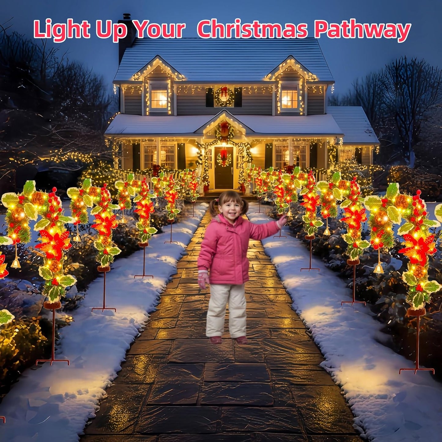 Solar Candy Cane Pathway Lights Outdoor, 2 Pack Solar Christmas Stakes with Poinsettia, Pinecones & Holly, Waterproof LED Yard Decorations, Solar Garden Lights for Walkway, Driveway & Holiday Decor