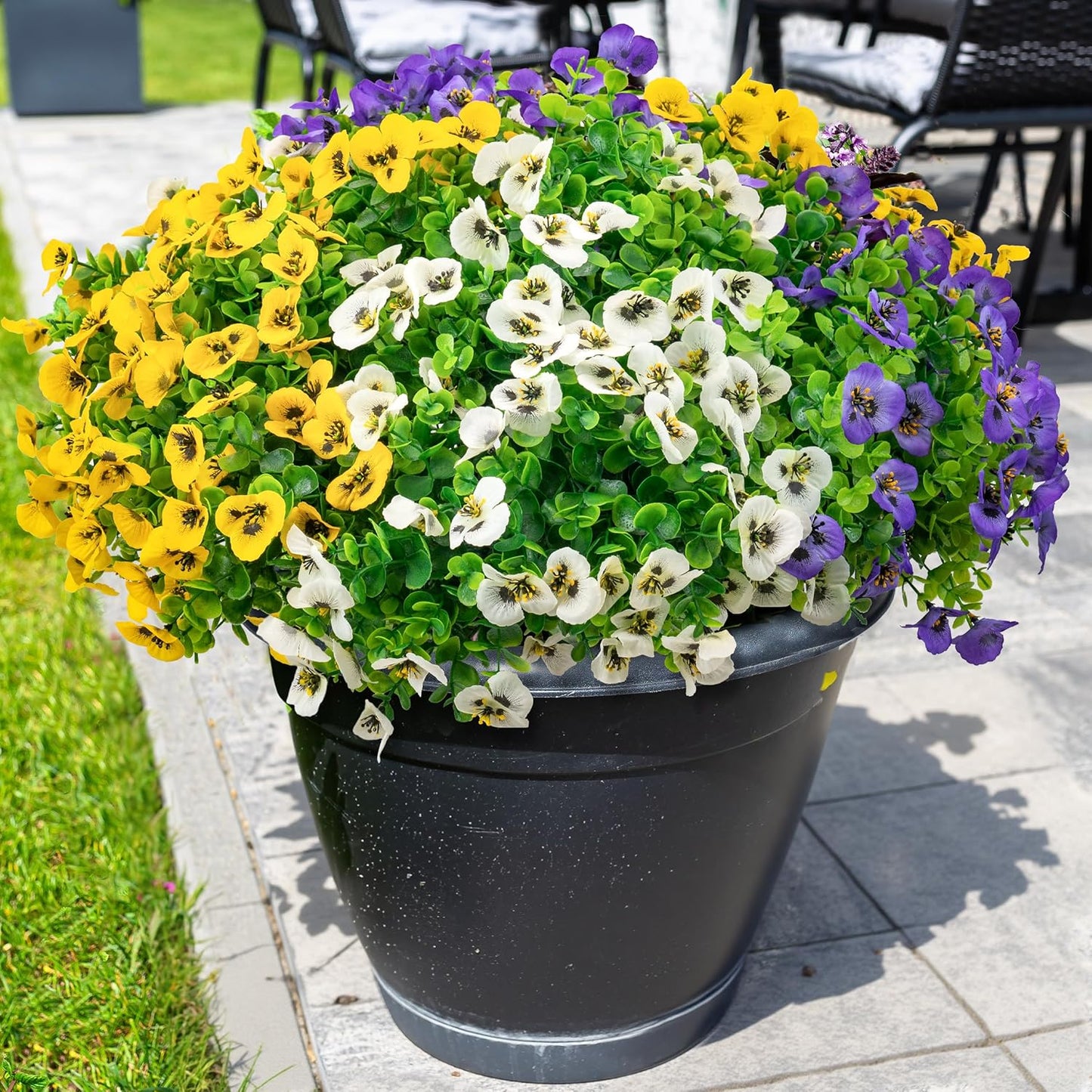 12 Bundles Artificial Fake Pansy Flowers for Outdoor - Yellow, White & Purple Faux Pansies Flowers, Fake Flowers for Outdoor Planters, Porch, Garden, Window Boxes, and Home Decoration