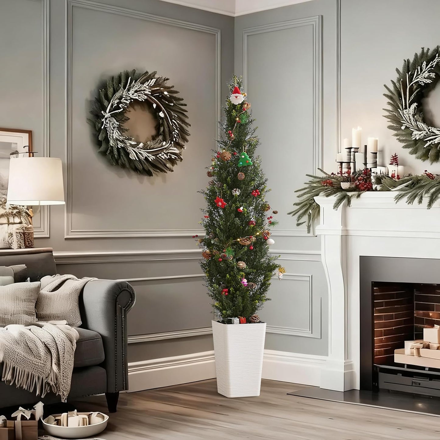 Artificial Cedar Trees 5FT Tall Artificial Bushes Cypress Shrubs, Fake Evergreen Shrubs with Extra Dense Foliage Realistic Potted & Pebbles Faux Plants for Front Porch Outdoor Christmas Tree