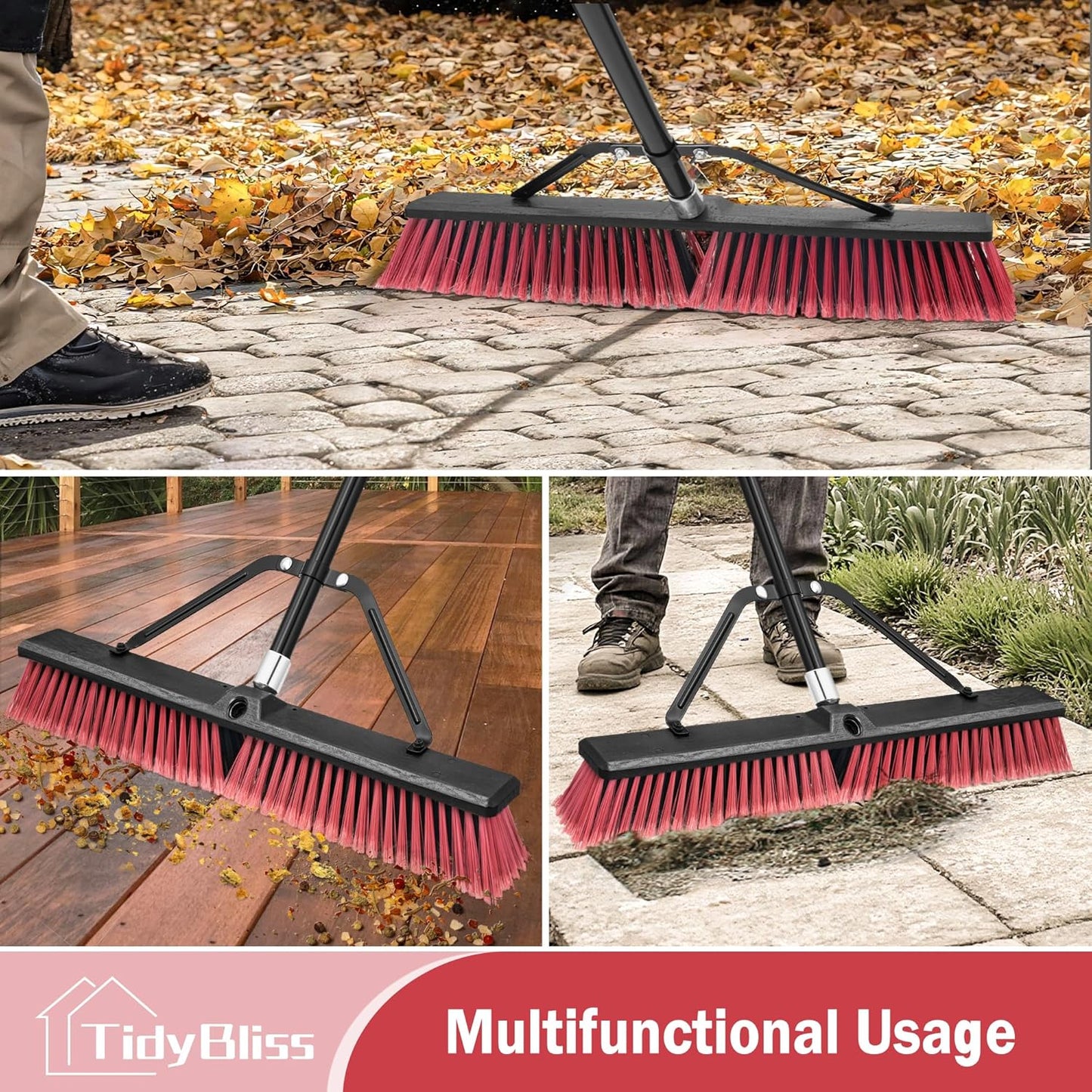 24” Push Broom Outdoor Heavy Duty 2 Pack, Large Commercial Stiff Bristle Brush with 63 inches Long Handle for Garage Shop Garden Yard Patio Deck Street Warehouse Lawn Driveway (Red)