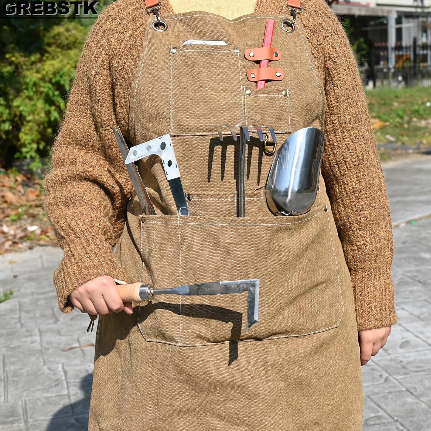 GREBSTK Work Apron Cross Back Adjustable Canvas Tool Apron for Woodwor