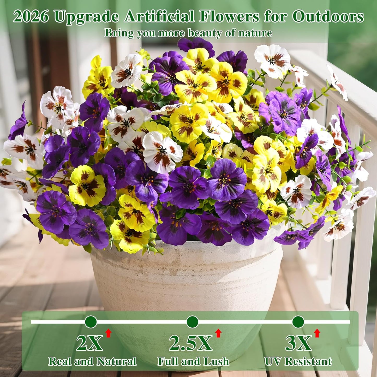 Waipfaru 36 Bundles Artificial Pansy Flowers for Outdoor, UV Resistant Faux Silk Flowers for Outdoor Planters Front Door Porch Yard Patio Window Box Home Decor (Purple, Yellow, White)