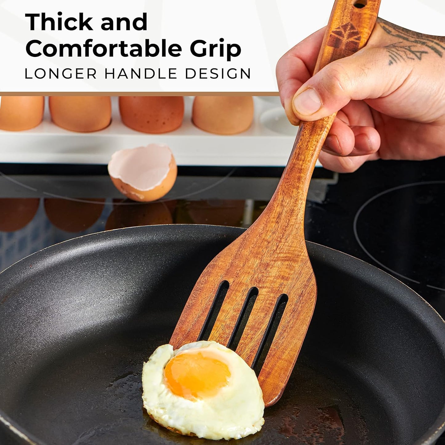 Woodenhouse Wooden Spatula for Cooking, Teak Spatulas for Kitchen Use - Wooden Cooking Utensils Set of 4 including Paddle, Turner, Slotted Spurtle and Wood Scraper. Nonstick cookware