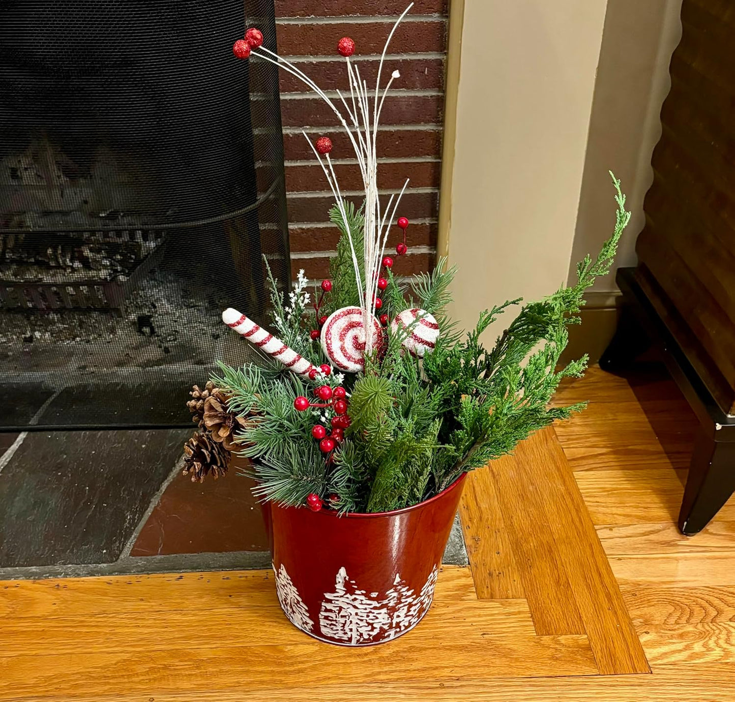 Red Galvanized Metal Christmas Planter Bucket with Tree Design, 9.25" Height, 9.5" Diameter, Set of 2