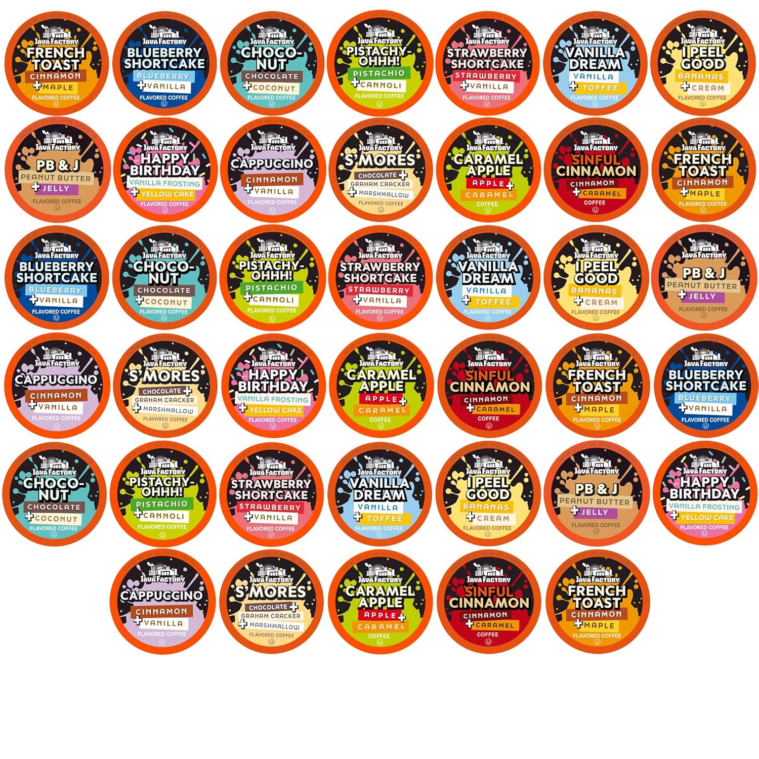 Java Factory Flavored Coffee Pods, Assorted Sampler, Variety Pack, Com