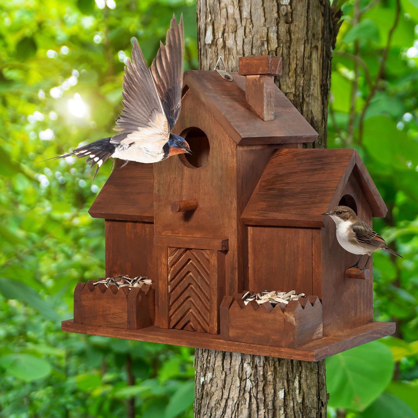 MIXUMON Bird Houses for Outside with Bird Feeder, Outdoor 3 Hole Bird 