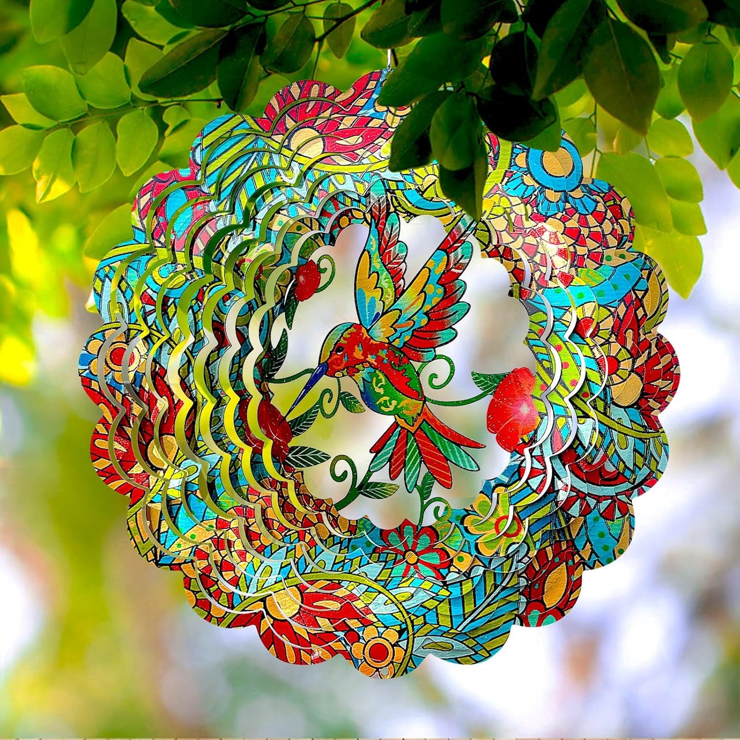 FONMY Wind Spinner Hummingbird 12 inch 3D Stainless Steel Wind Sculpture Worth Gift Christmas Decor. Laser Cut Metal Art Geometric Pattern - Hanging Mandala Wind Spinners, Kinetic Yard Art Decorations