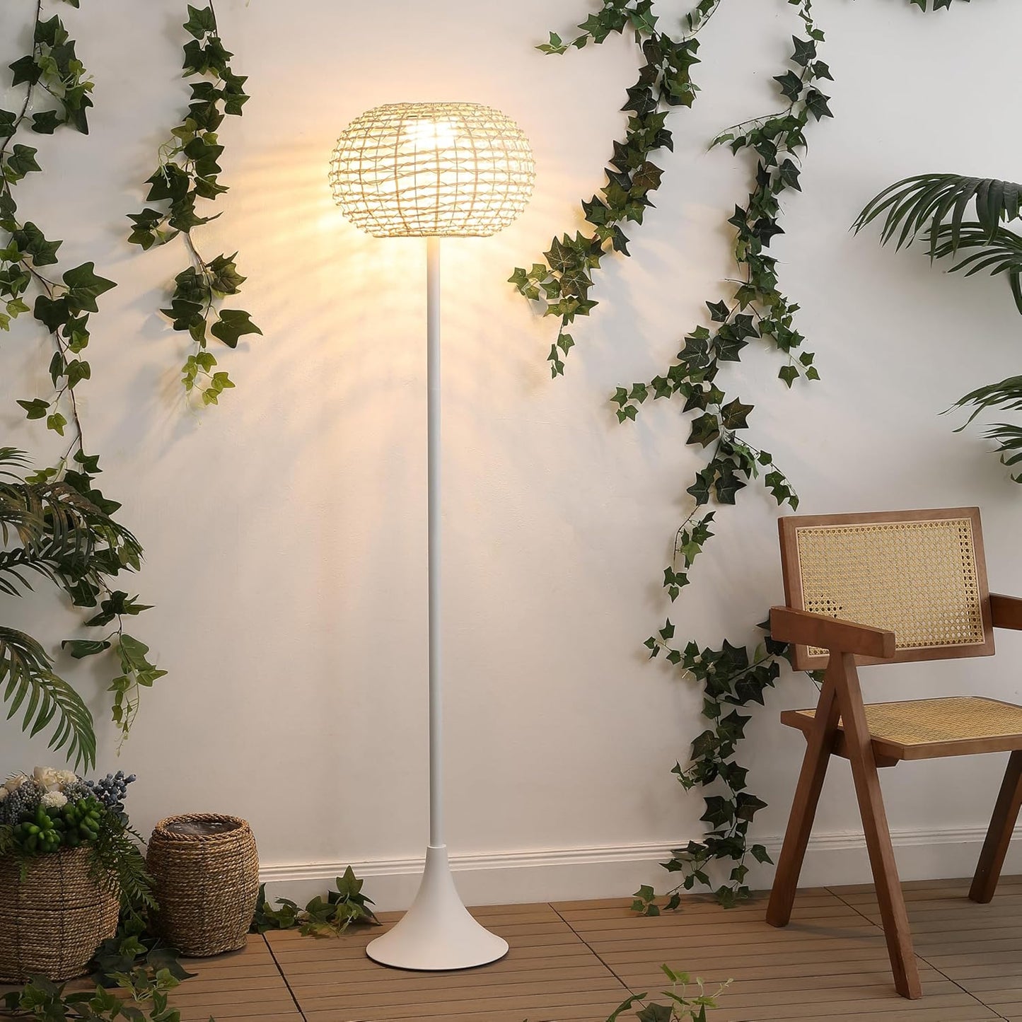 JONATHAN Y 58" White/Cream Modern Outdoor Solar Floor Lamp, Waterproof LED Standing Light for Patio, Deck, Porch, Faux Rattan Shade, USB-C Rechargeable, Coastal Decor (JYL2601B)